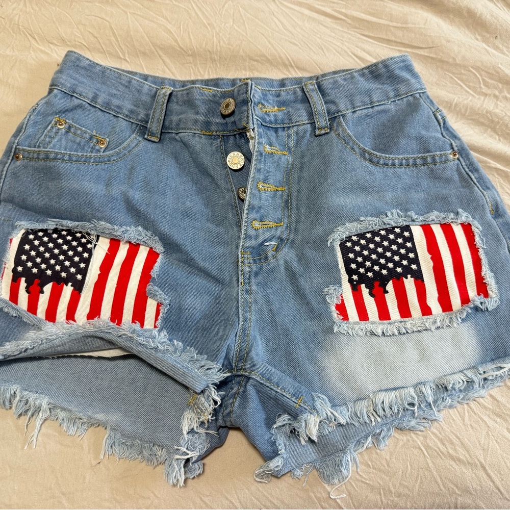 Blue Denim Shorts with Flag Patches